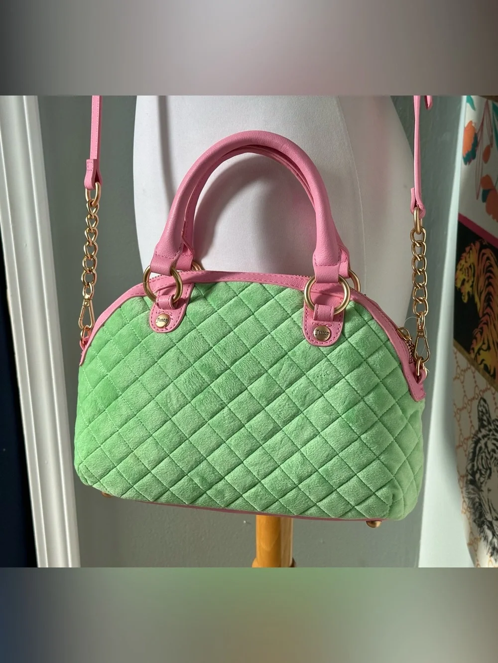 NWT Juicy Tale Juicy Couture Pink & Mint Green Quilted Satchel Crossbody Y2K Bag